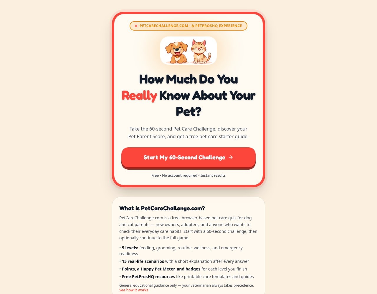 Actual PetCareChallenge.com homepage screenshot