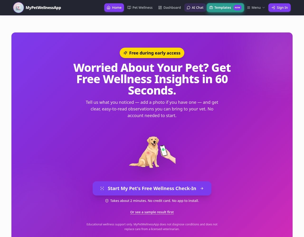 Actual MyPetWellnessApp homepage screenshot